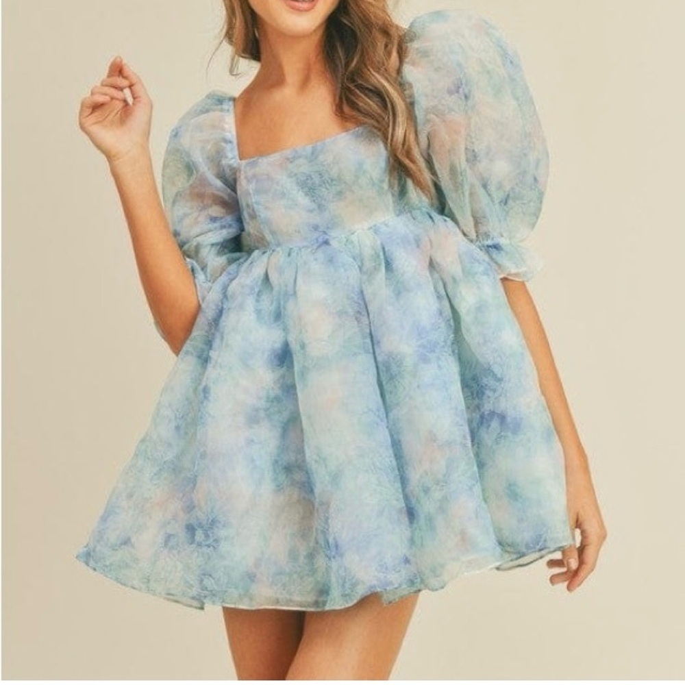 NEW Klesis Babydoll Blue Puff Sleeve Mini Dress Cupcake Dress            Size M